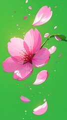 A close-up view of a pink flower with its petals falling, set against a vibrant green background