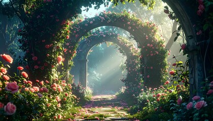 Stone arches adorned with pink roses lead into a sunlit forest