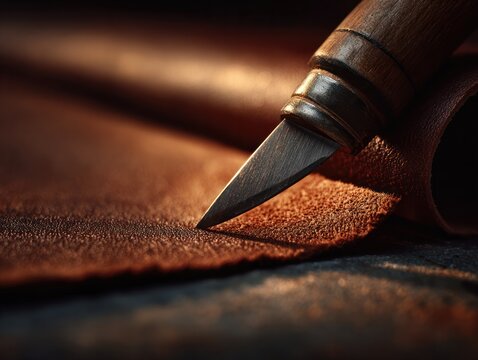 Crafting leather artisan skills in focus workshop setting photo warm lighting close-up perspective