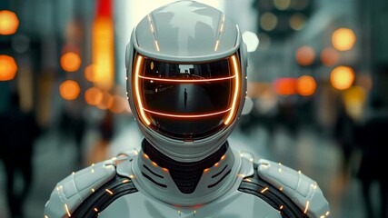 Portrait of a futuristic humanoid robot with a sleek white helmet and glowing orange lights in a cyberpunk cityscape with neon reflections and bokeh lights at night - Powered by Adobe
