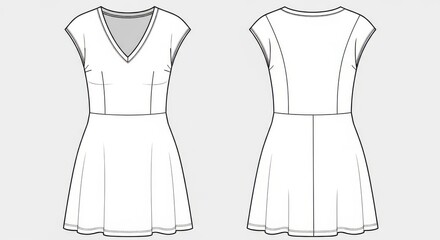 Technical drawing illustration showcasing a V-neck dress design on a light background