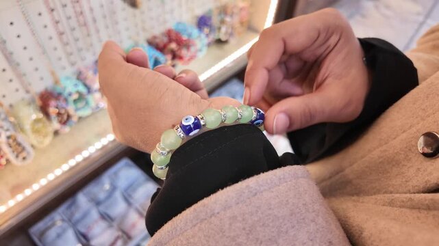 Shopping for handmade bracelets at a local market