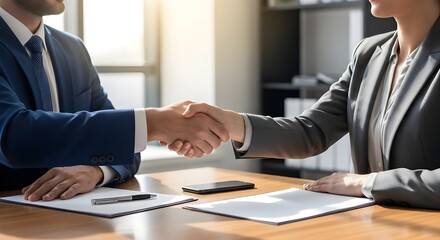 Business Contract Agreement Handshake. Corporate Deal Signing and Professional Partnership at the office.