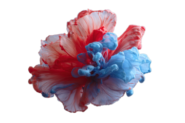 Vibrant red and blue ink swirls forming an abstract, dynamic floral shape