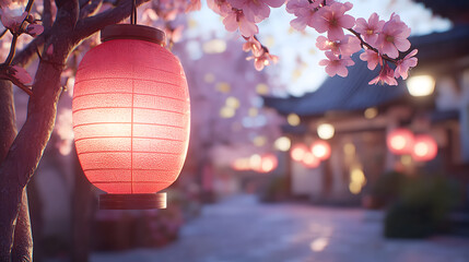 Cherry blossom festival with glowing lanterns in a serene setting. Springtime celebration with cherry blossoms and traditional lanterns glowing in dusk