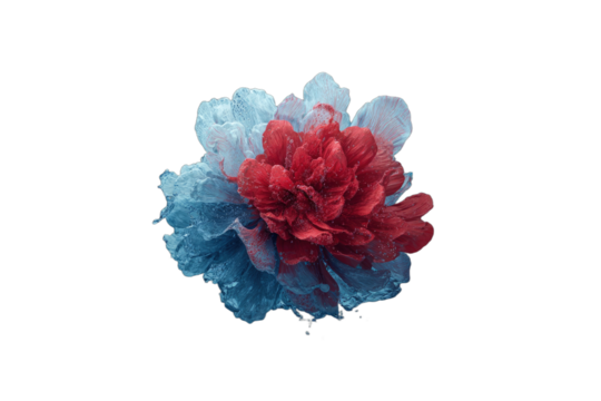 Striking red and blue flower with delicate petals on a deep black background