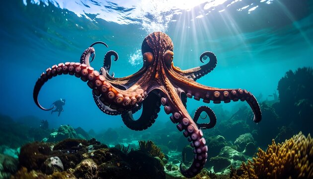 Majestic Octopus in Sunlight with Diving Underwater with Coral Reefs and Diver.