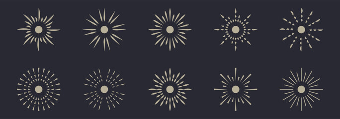 Sun ray or sunburst icon set.