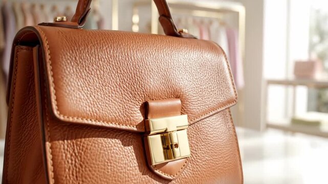Elegant brown leather handbag displayed indoors near clothing