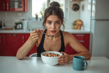 Serious Start: Young Woman Looking at Camera While Eating Breakfast
