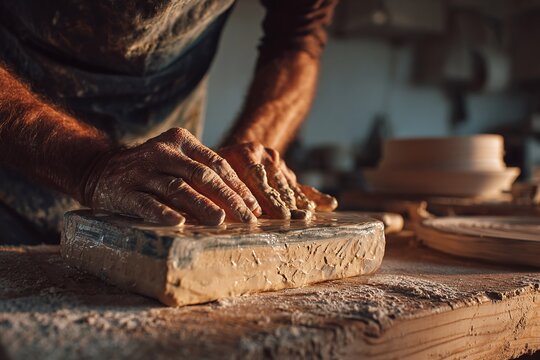 Expert hands shaping clay with care, a testament to tradition and craftsmanship in a pottery studio, perfect for artisan brands and maker spaces