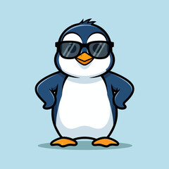 Cartoon Cute Penguin with Sunglasses Isolated on Light Blue Background Illustration