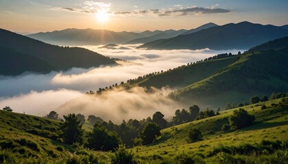 Sunrise over Misty Mountains with Beautiful Nature Landscape, and Golden Hour Scene.