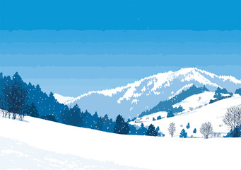 Obraz premium 雪景色と山々、田舎の家々、冬の風景のベクターイラストレーション。澄んだ青空と雪が舞う。