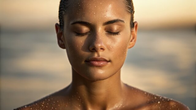 Close-up of a serene woman with water droplets on her face, eyes closed, conveying tranquility and connection to nature.