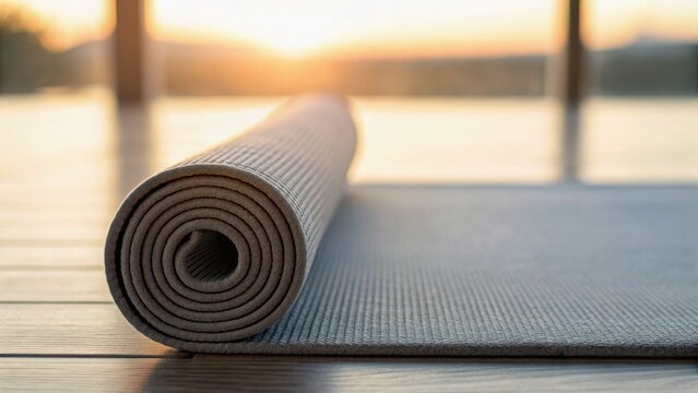 Yoga mat rolled up, resting on a wooden floor with a warm sunset glow in the background, suggesting relaxation and mindfulness.
