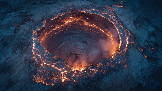 Aerial view of a volcanic crater with glowing lava cracks and smoke at dusk