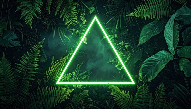 Neon triangle glows amid dense, lush, green tropical foliage - Powered by Adobe