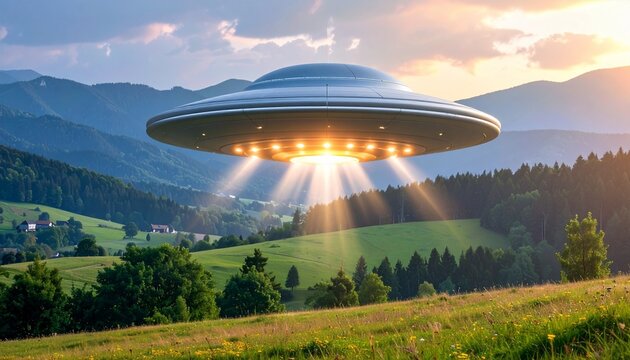 UFO Hovering Over Scenic Green Hills Forest Landscape at Sunset with Dramatic View.