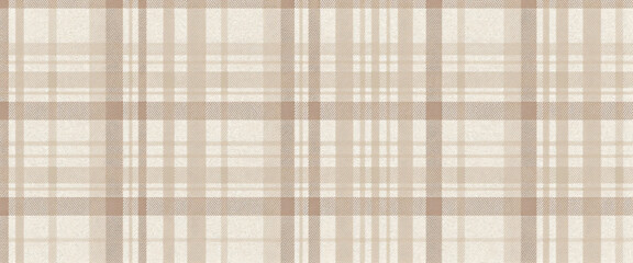 Minimalist digital plaid with prominent dark brown grid lines, filled with subtle light brown and beige rectangles. Textured resembling woven cloth, with warm neutral colors.