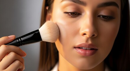 Woman applying face powder with a brush for a flawless complexion in a beauty and makeup routine