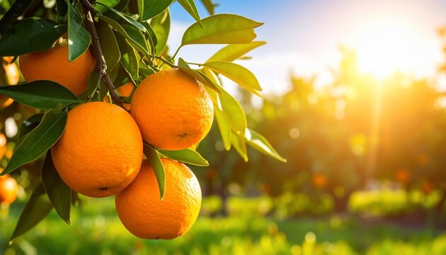 Vibrant oranges on a sunlit tree branch in a lush orange grove.