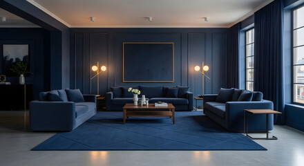 Color drenching living room in deep blue with furniture, carpet, and elegant interior design