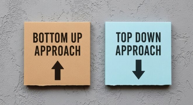 Approach Strategy Bottom Up vs Top Down on Gray Concept diagram.