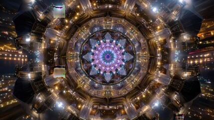 Intricate Kaleidoscopic Pattern with Vibrant Lights and Symmetrical Design in Night Cityscape