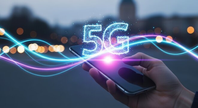 5G Technology on Smartphone with Futuristic Data Streams in City