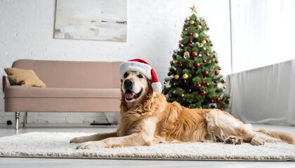 A golden retriever, adorned with a festive Santa hat, rests comfortably on a rug in a brightly lit room with a decorated tree