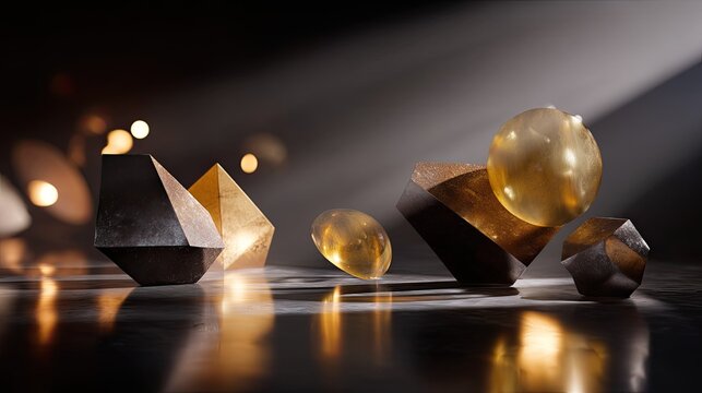 Abstract geometry with shining golden spheres and angular shapes on a dark surface with soft light effects