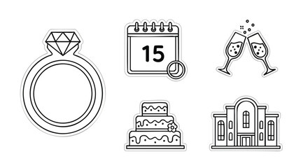Minimalist line art icons for special events: Engagement Ring, Calendar Date, Champagne Toast, Wedding Cake, and Venue. Perfect for event planners, bridal websites, and invitations.
