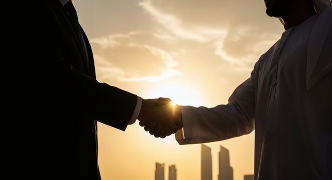 Global handshake with Middle East skyline, and golden sunset partnership. - Powered by Adobe