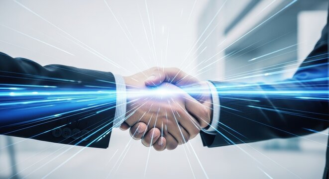 Powerful Business Deal Handshake with Digital Connection Effect