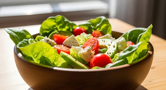 Realistic close-up of a fresh salad made from lettuce, cherry tomatoes, and cheese cubes served in a wooden bowl