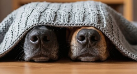 Obraz na płótnie Canvas Doggie Hideout Two noses peek from under a grey blanket Cozy and cute.