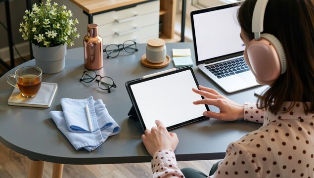 Woman using tablet and laptop while working from home, wearing headphones and sitting at a table - Powered by Adobe