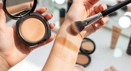 Woman testing foundation shades on her arm with a brush and compact in a beauty studio setting
