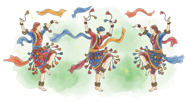 Three dancers in colorful traditional clothing perform a folk dance with ribbons and tassels against a soft green background.