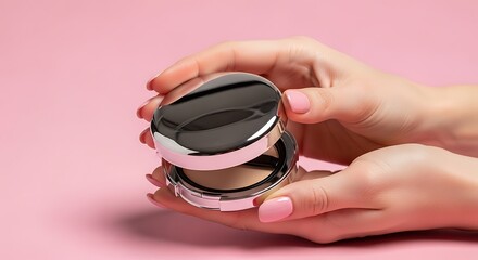 Woman holding a compact powder foundation in her hands against a soft pink background for beauty product