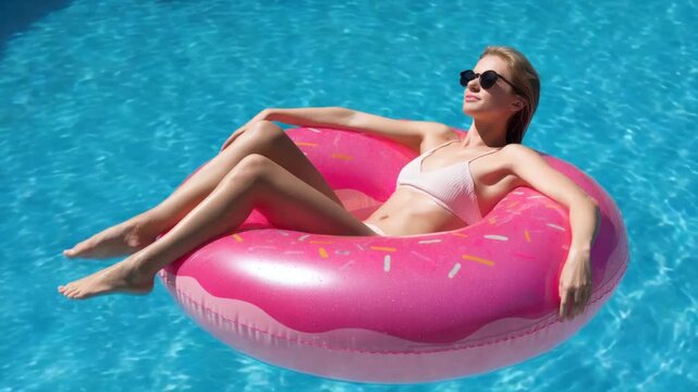 Woman in sunglasses floats in a pool on a pink donut float, sunbathing