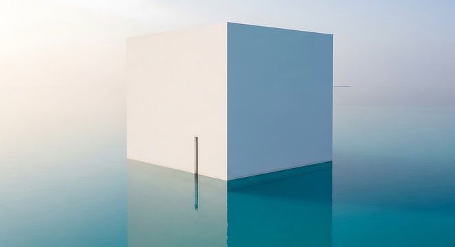 Minimalist cube structure in a serene landscape