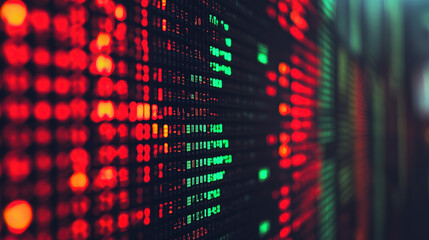 A macro shot of an LED stock ticker, glowing red and green lights forming an abstract rhythm. The composition evokes heartbeat-like motion &mdash; the pulse of global markets captured in color and movement