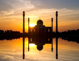 A grand edifice and minarets silhouetted by a vibrant sunset, reflected in tranquil waters, creating a peaceful scene