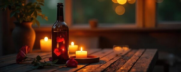 Romantic ambiance created with a wine bottle repurposed as a candle holder, casting a warm, inviting glow Perfect for home decor, rustic settings, and cozy evenings , home decor, cozy, table decor