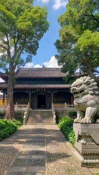 Stone lion landscape in front of ancient Chinese buildings