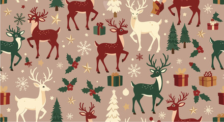 Festive Christmas pattern featuring reindeer in various colors, snowflakes, Christmas trees, holly, and gift boxes on a beige background.