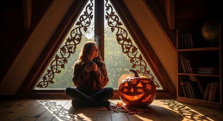 Woman enjoying autumn with coffee and a carved pumpkin by a window in a cozy attic space 100