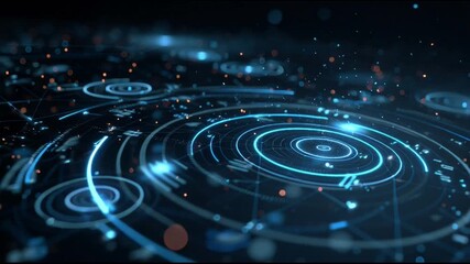 Futuristic digital abstract background with glowing circles and data streams. - Powered by Adobe